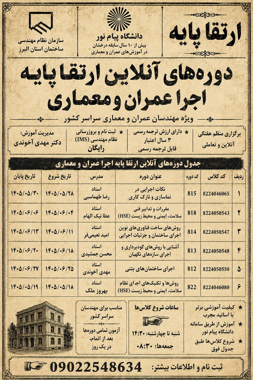 کلاس های ارتقا پایه صلاحیت اجرا عمران و معماری آنلاین دانشگاه پیام نور استان البرز